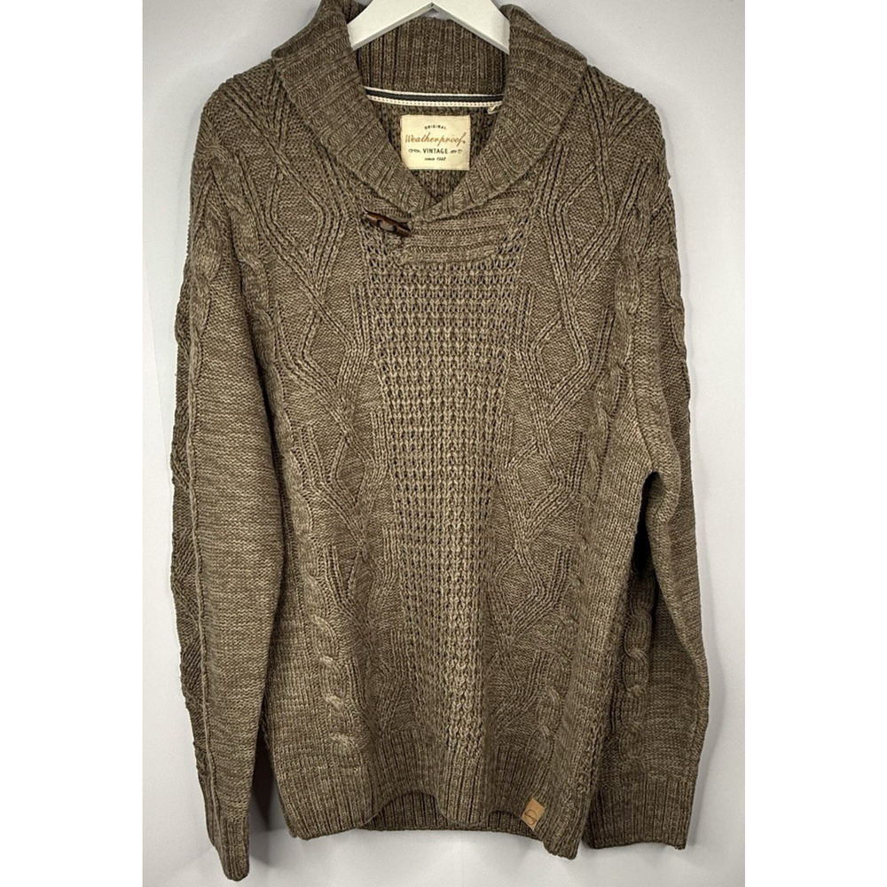 Weatherproof Mens Sweater Sz L Cable Knit Shawl Toggle Fisherman Beige Cabincore